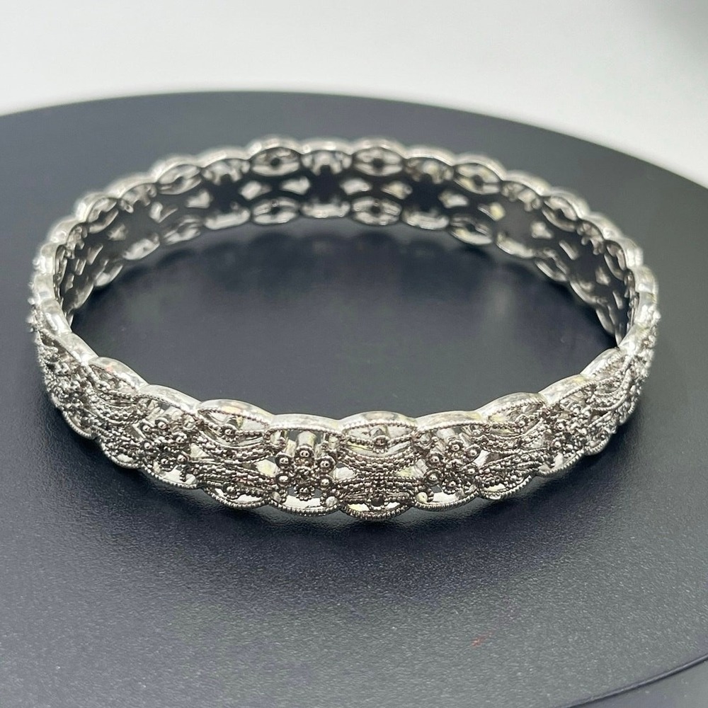 BR ISP Diamond Accents Filigree‎ Floral Art Deco Bangle Bracelet Silver Tone